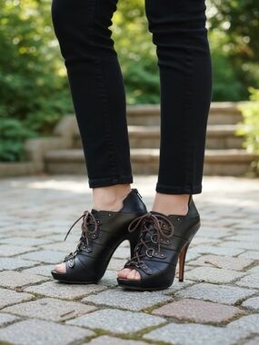 Black Leather Lace-Up Peep Toe High-Heel Booties